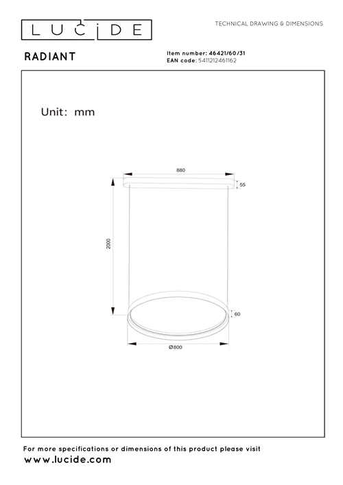 Lucide RADIANT - Pendant light - LED Dim. - CCT - 1x60W 2200K/3000K - White - Vibes - technical